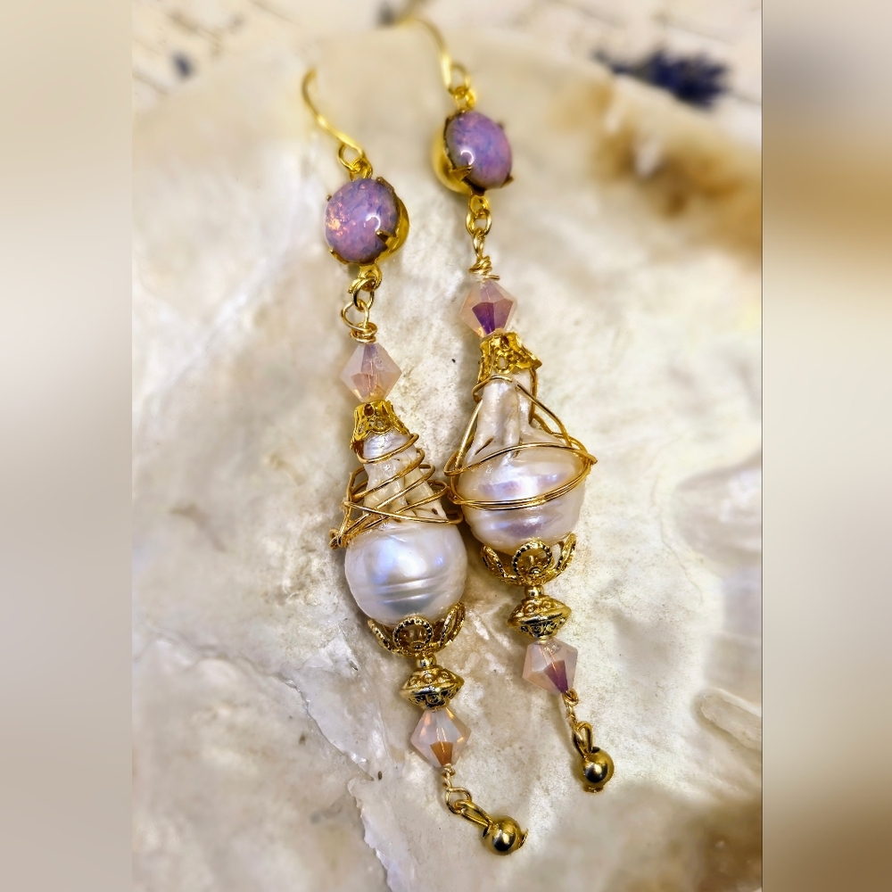 Fiery Pink Opal Glass In Long Gold Plated Earrings With Large Baroque Pearl